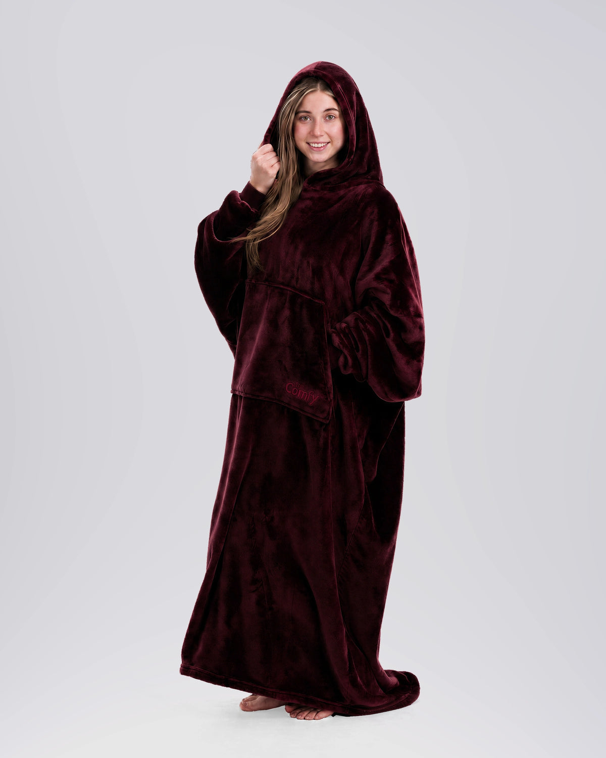 Front view of The Dream Long in Burgundy showing its floor-length coverage, oversized sleeves, and kangaroo pocket.