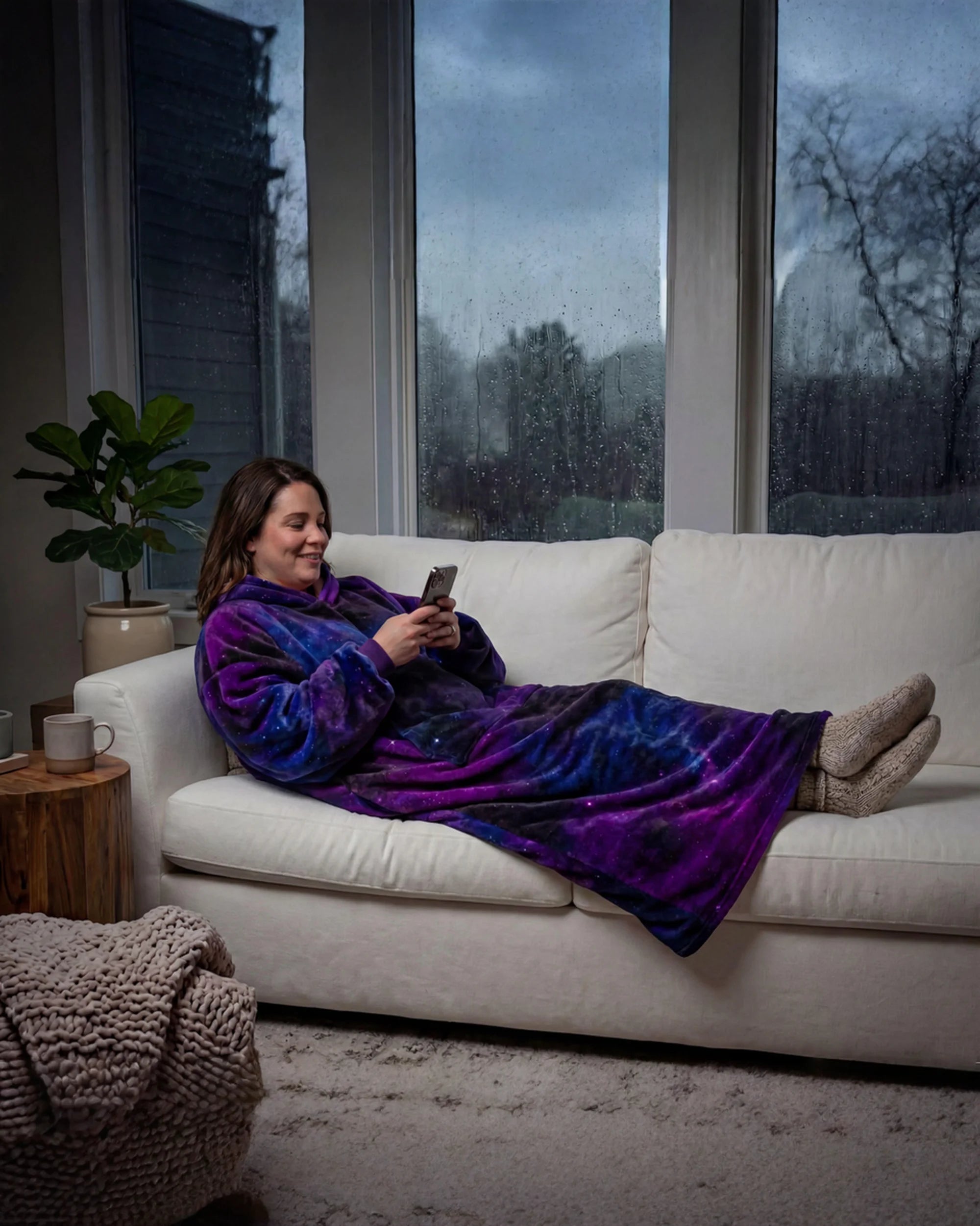 Woman relaxing on a couch in The Dream Long in Galaxy while using her phone, showcasing cozy comfort on a rainy day indoors.