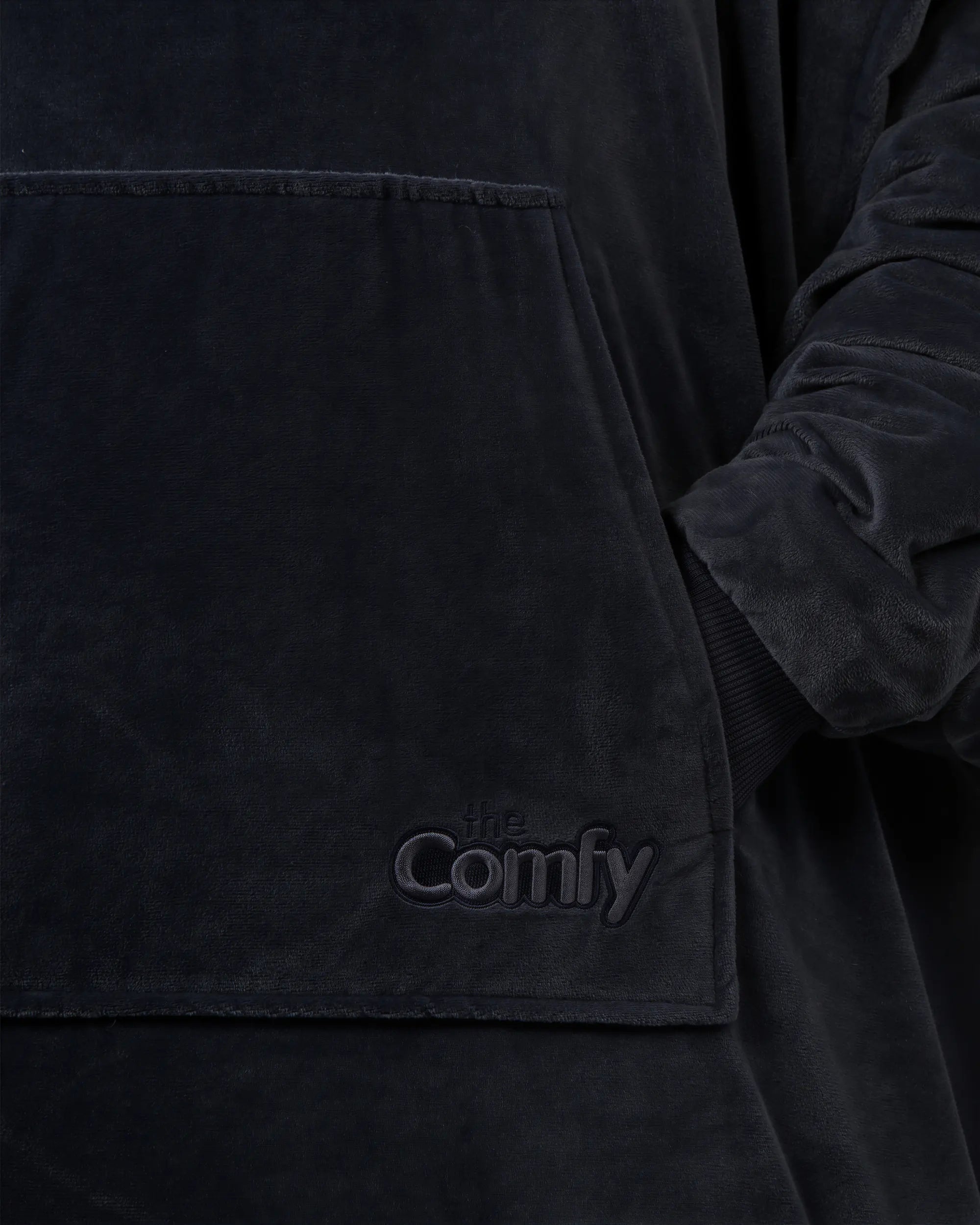 Detailed view of The Dream wearable blanket’s kangaroo pocket and premium microfiber construction, showcasing the soft texture and clean design details.