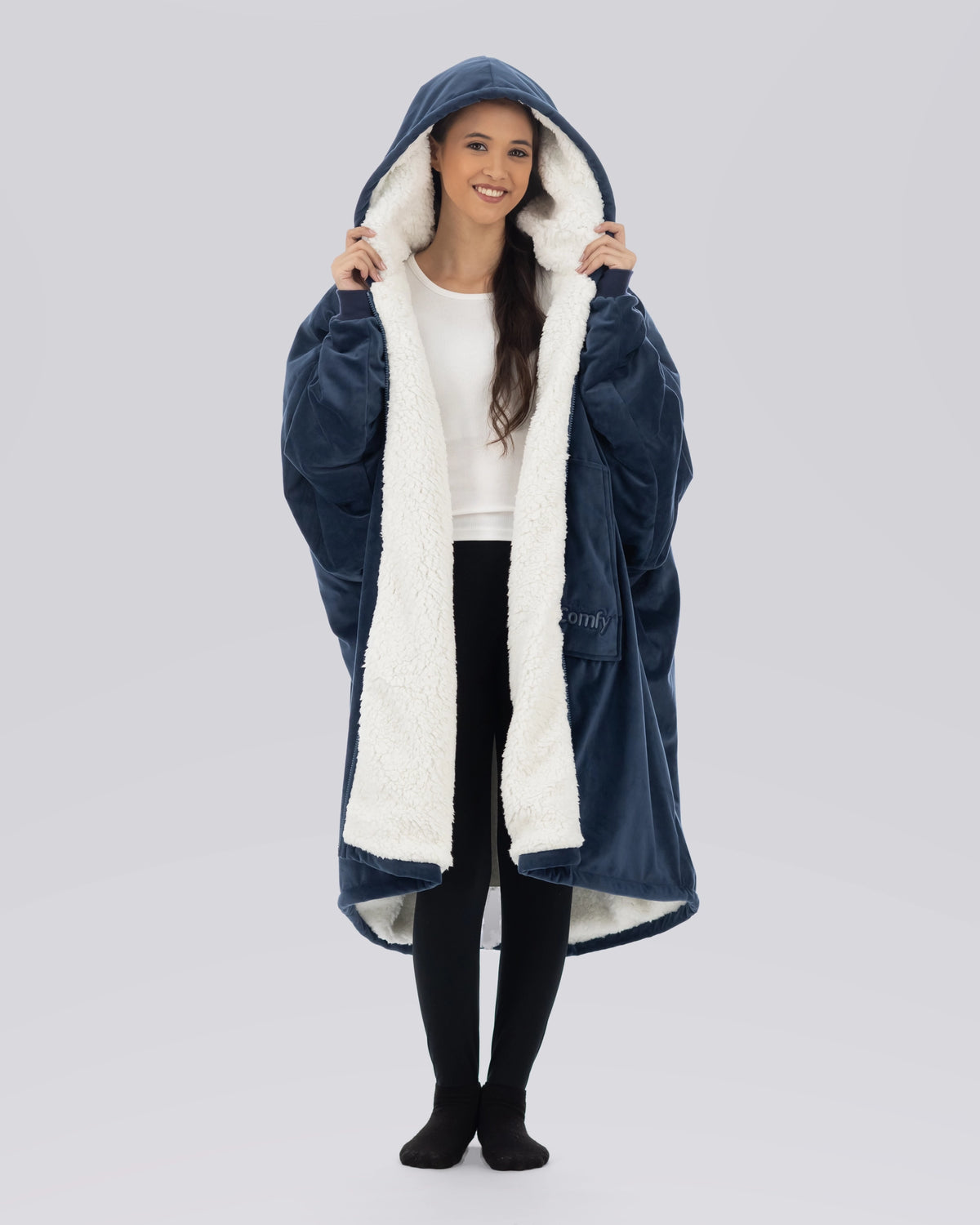 Model wearing The Original Full-Zip in Blue, full-length hero view.
