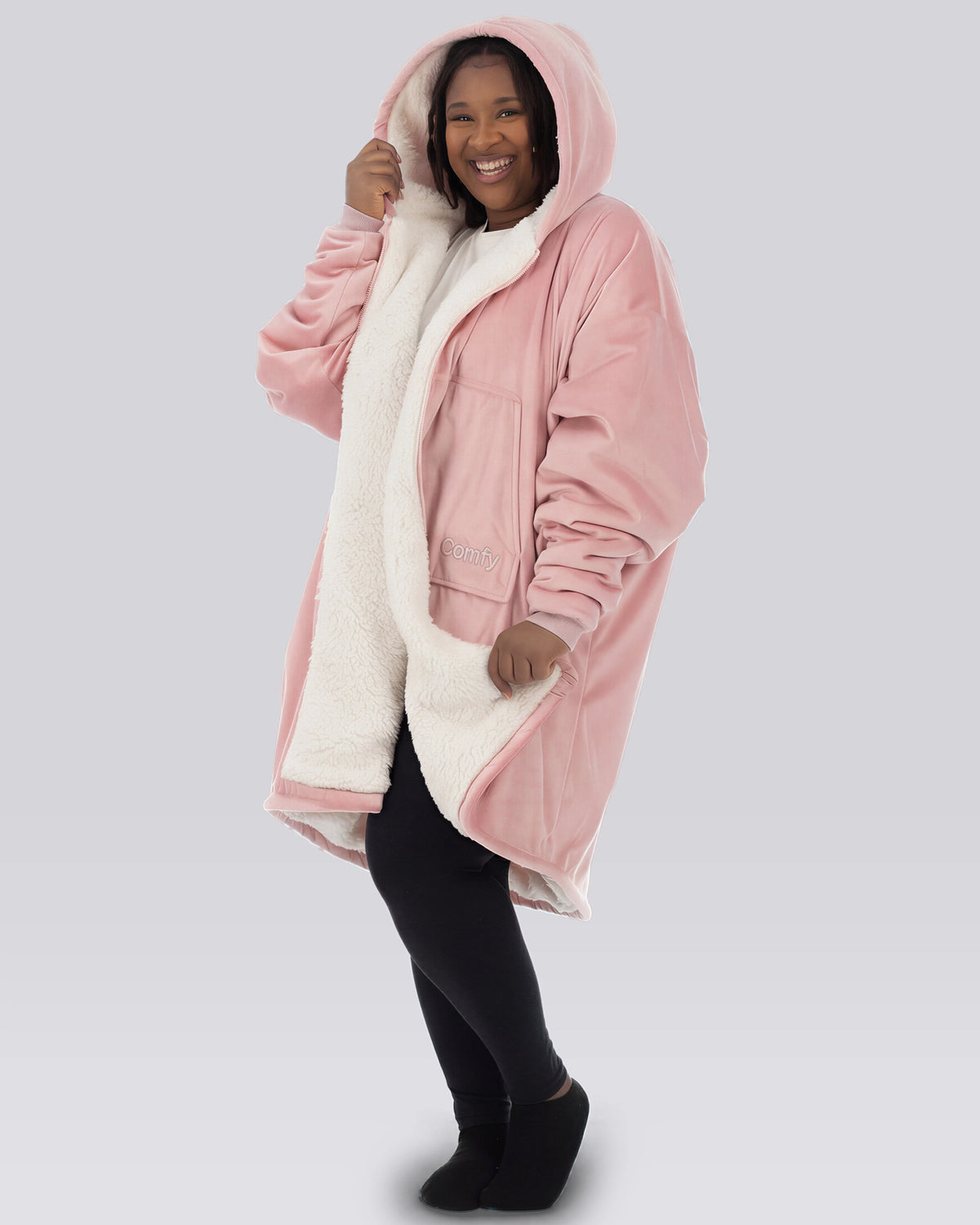 Model wearing The Original Full-Zip in Blush, front view.
