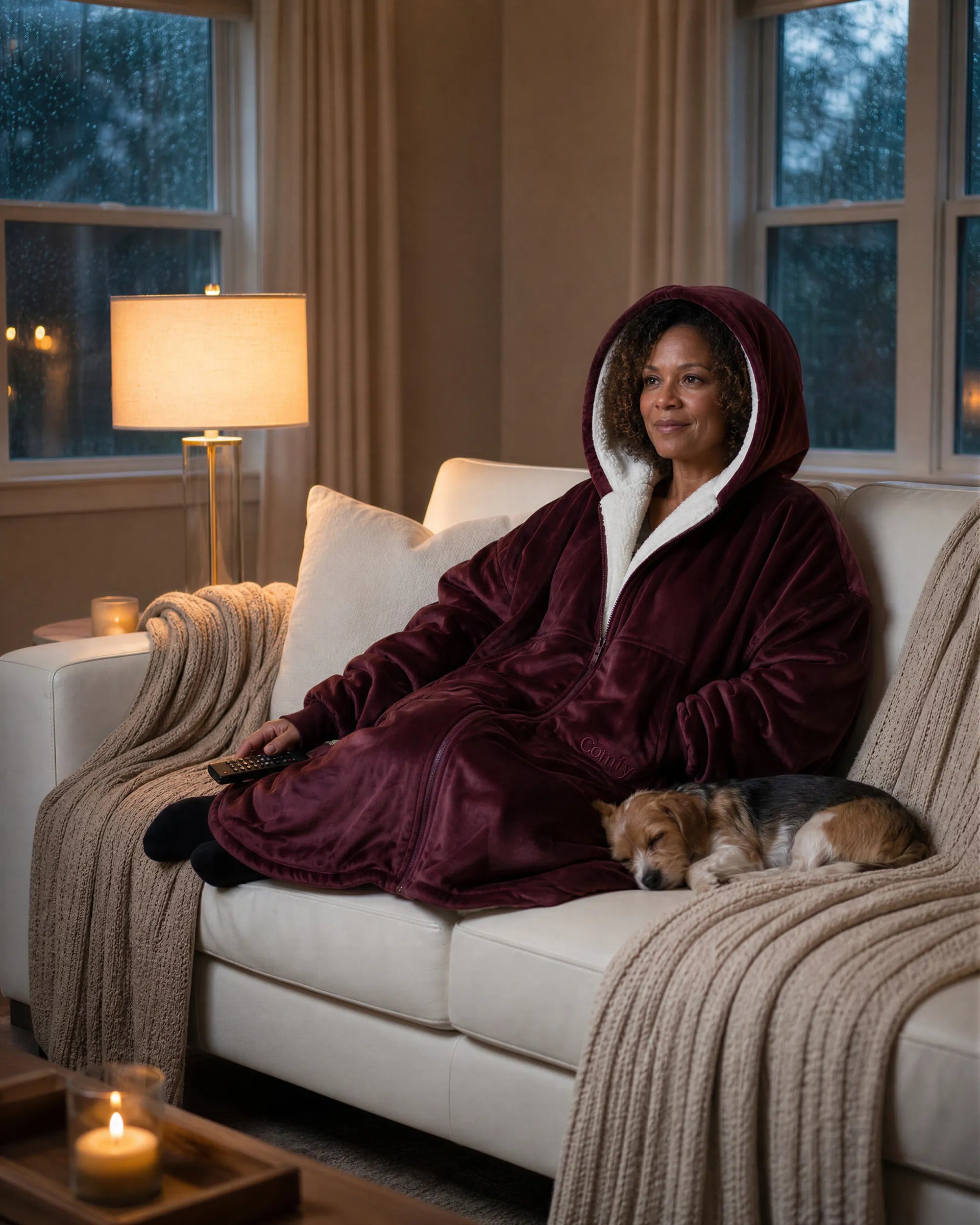 Person relaxing on a sofa with a dog while wearing The Original Full-Zip Burgundy wearable blanket.