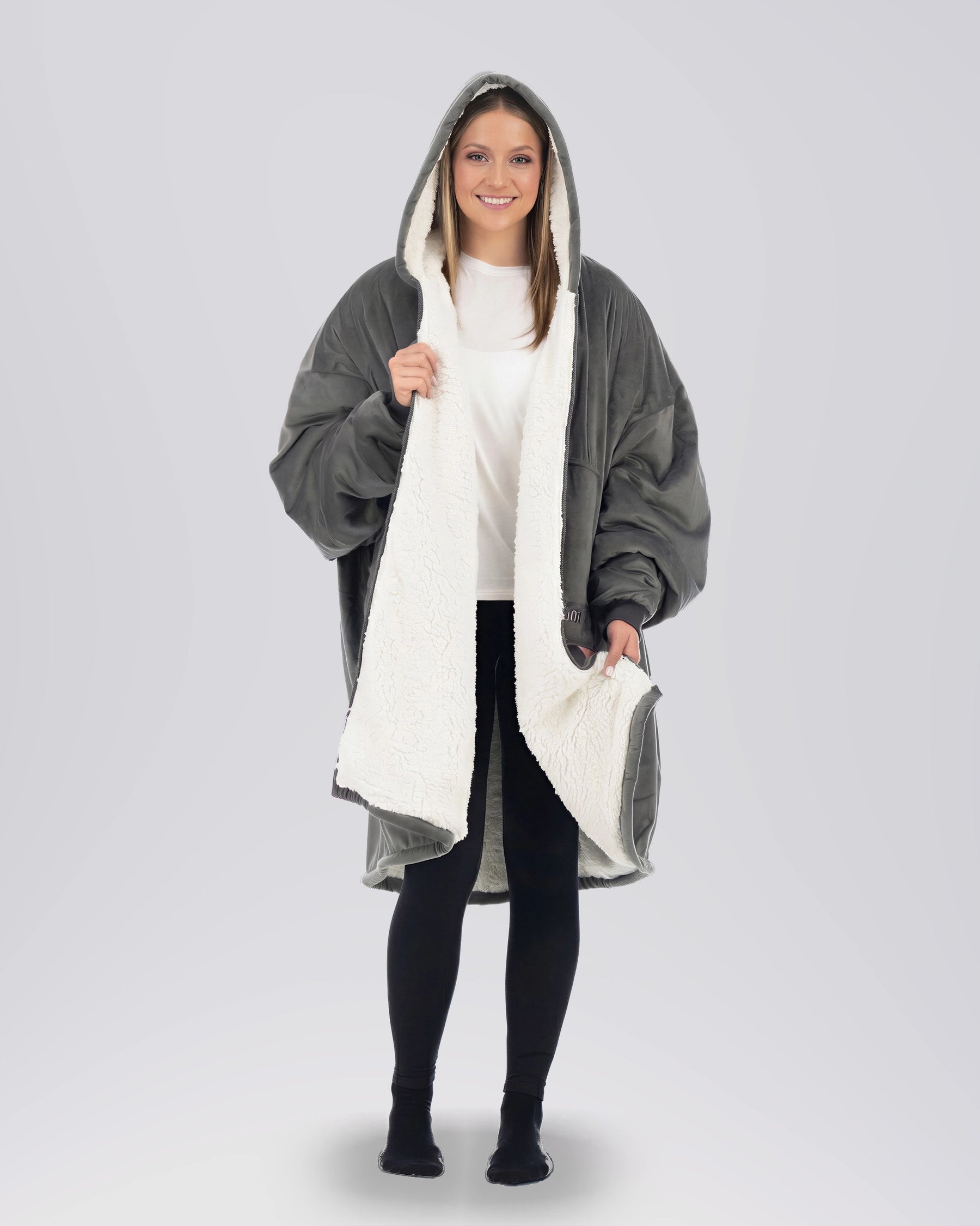 Front view of The Original Full-Zip wearable blanket in charcoal shown open with CloudSherpa™ lining and full-length zipper