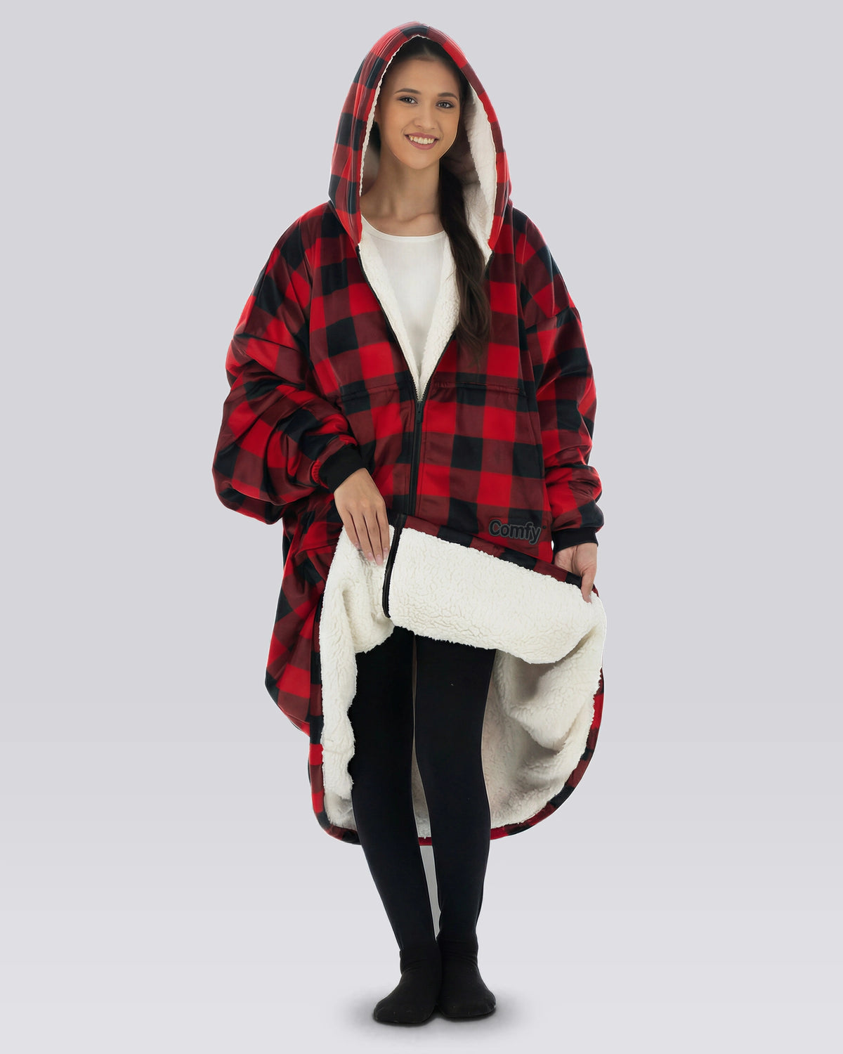 Model wearing The Original Full-Zip in Red Plaid, showing the CloudSherpa™ lining.