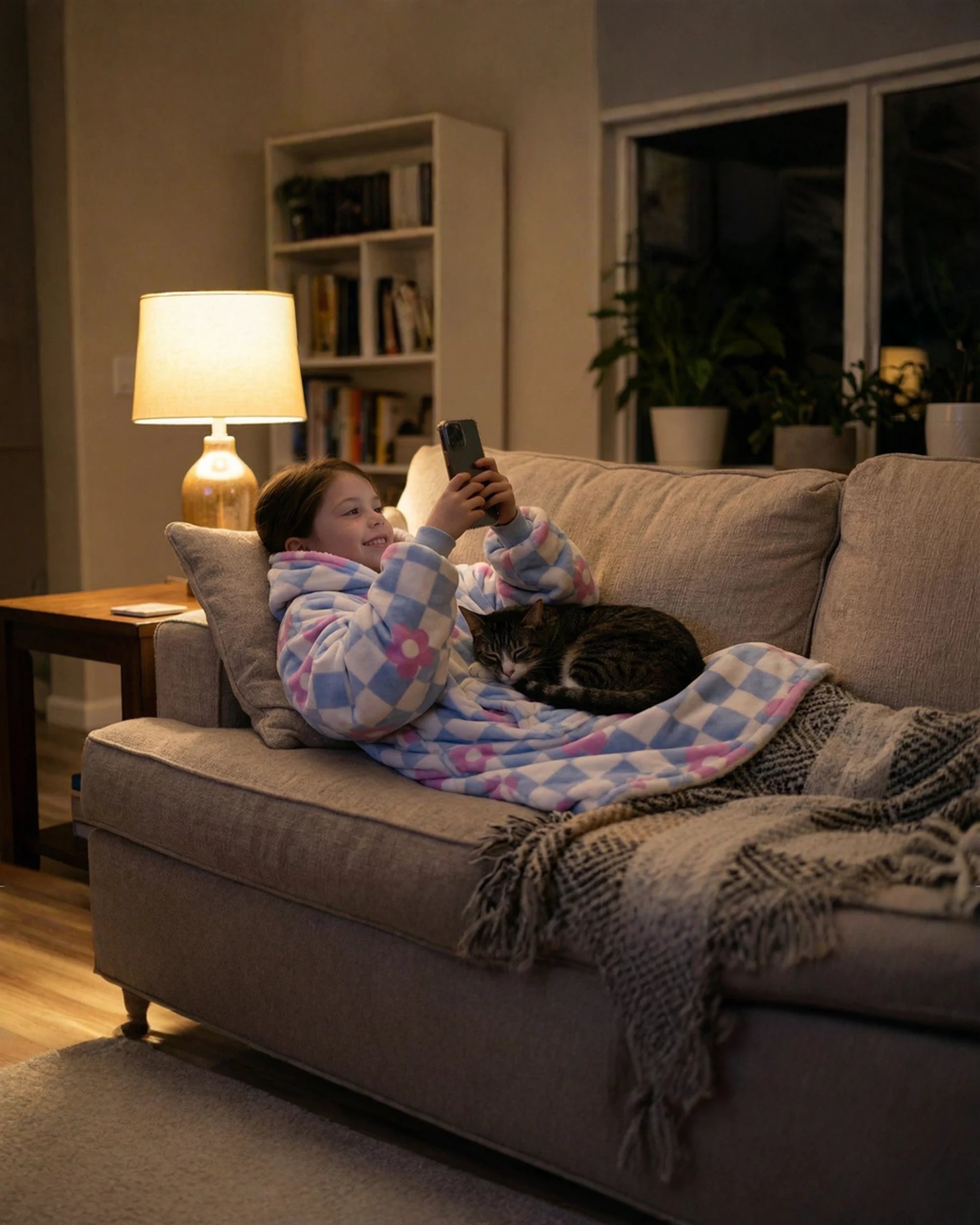 Child relaxing on a couch with a cat while wearing The Original Jr. Flower Checkered wearable blanket, illustrating everyday comfort for lounging and screen time.