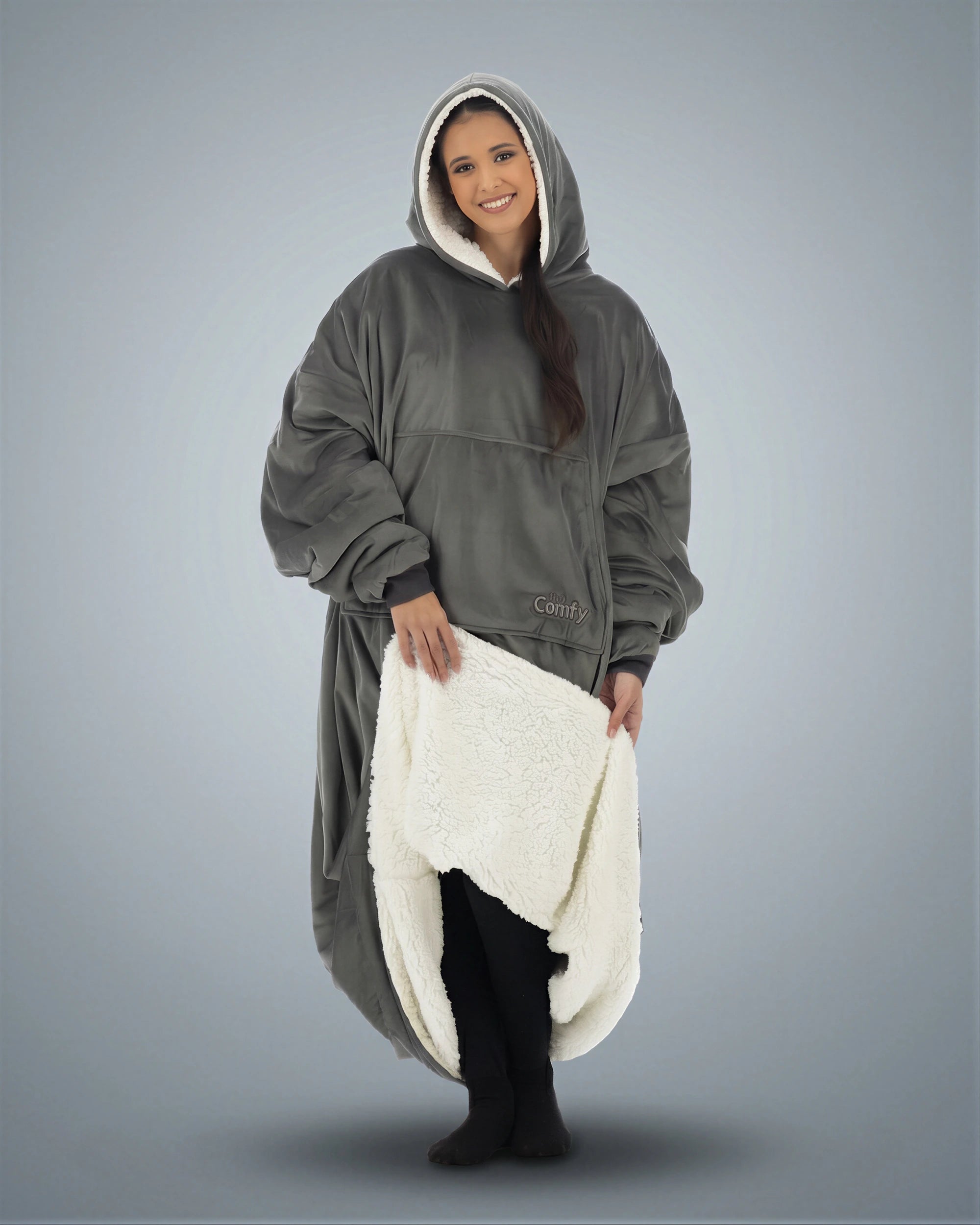 Front view of woman wearing The Comfy Original Long in charcoal, showing plush CloudSherpa™ interior lining.
