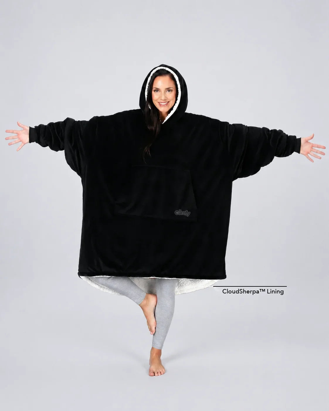 The Original wearable blanket in black with CloudSherpa™ lining shown front view with full body coverage
