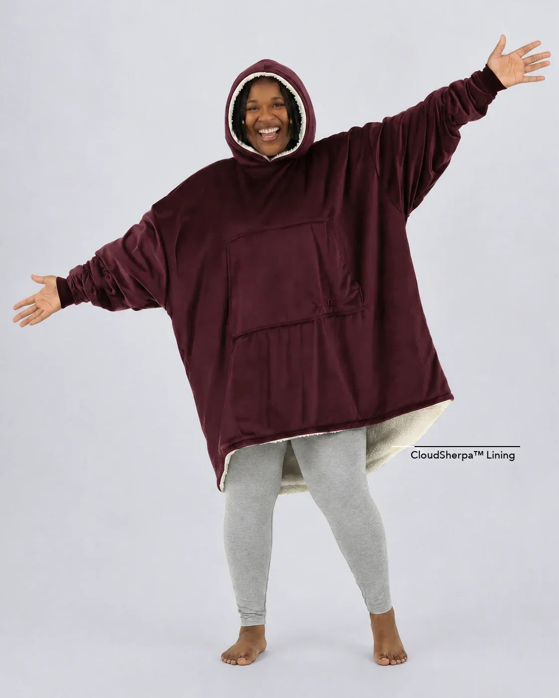 Front view of The Original wearable blanket in burgundy showing relaxed oversized comfort and coverage