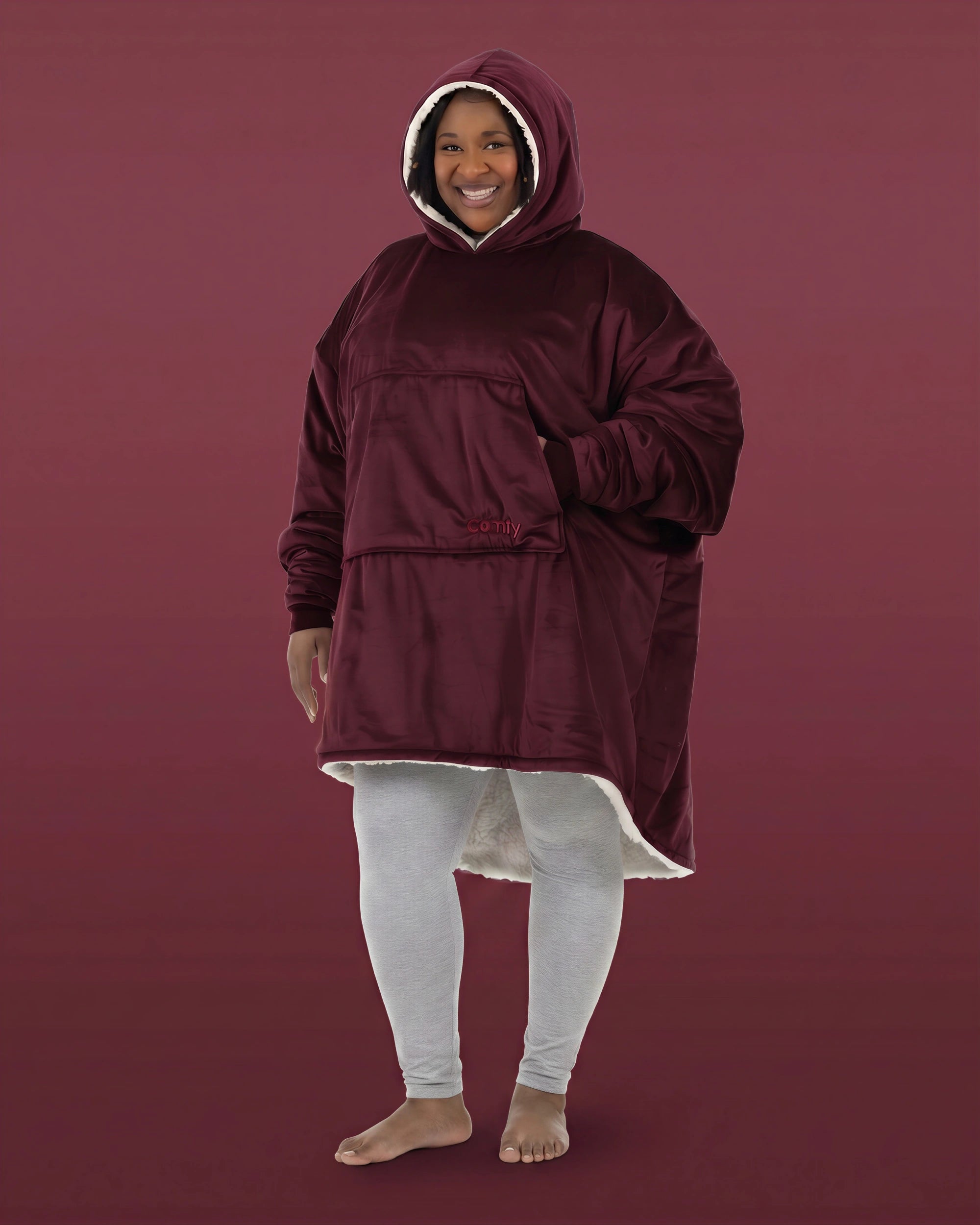 Front view of The Original wearable blanket in burgundy showing relaxed oversized comfort and coverage