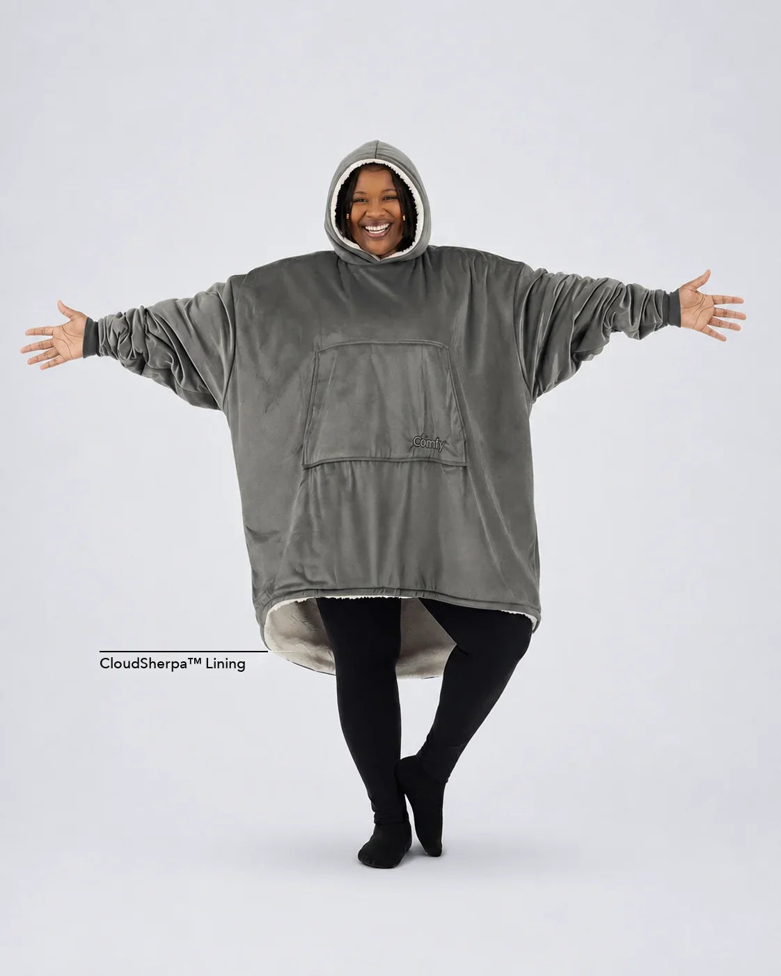 The Original wearable blanket in charcoal with CloudSherpa™ lining shown front view with full body coverage