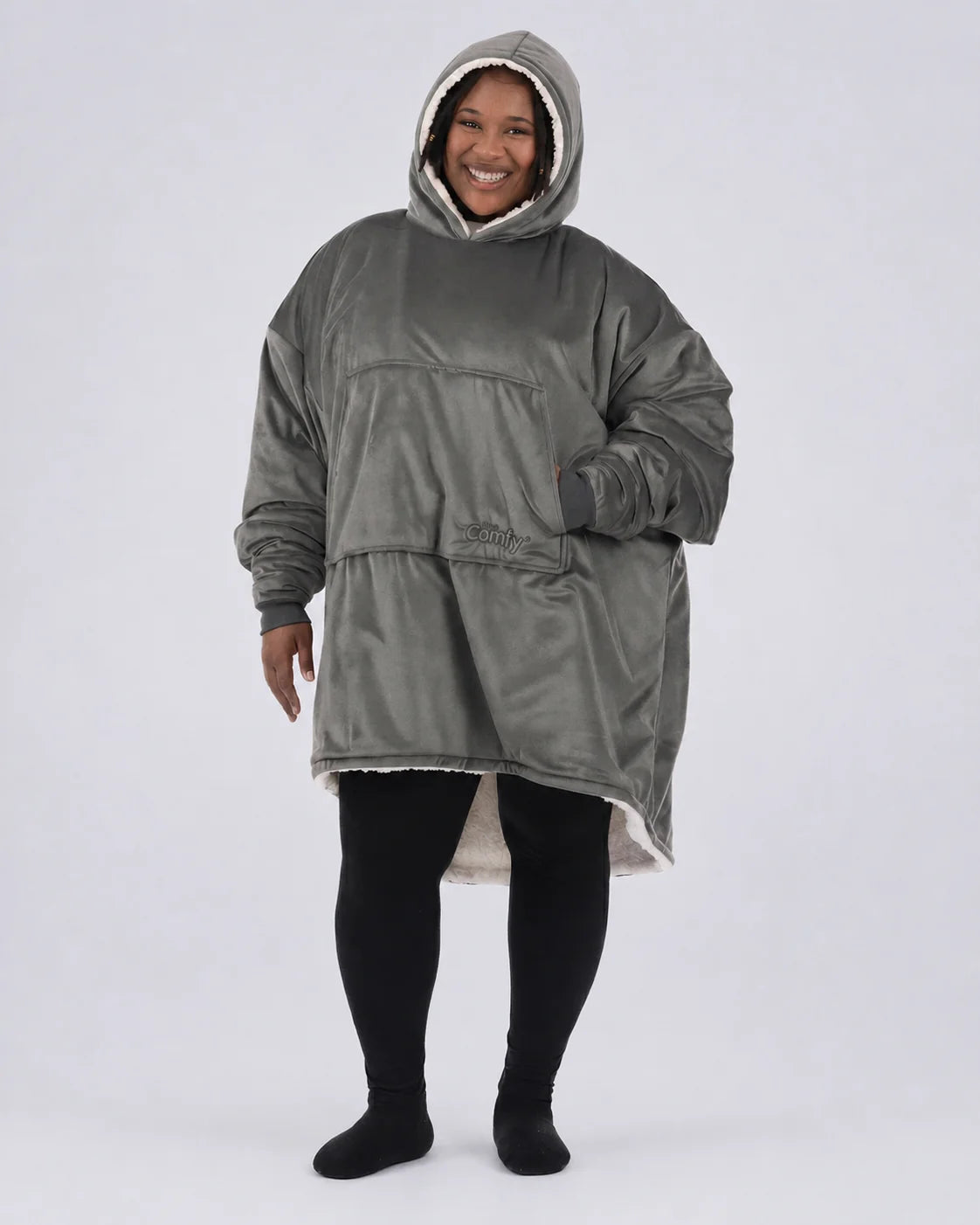 Front view of The Original wearable blanket in charcoal showing relaxed oversized comfort and coverage