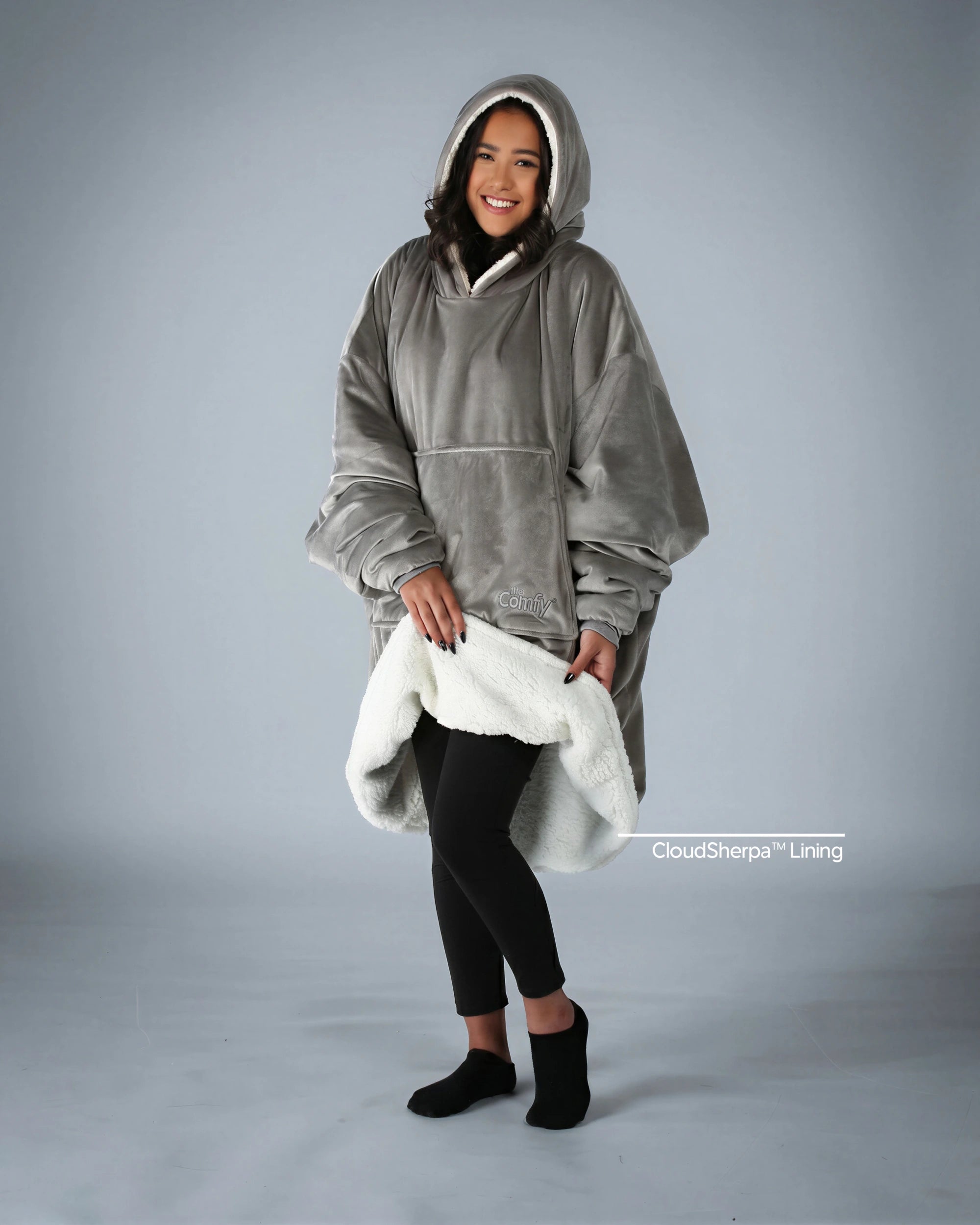 The Original wearable blanket in gray with CloudSherpa™ lining shown front view with full body coverage