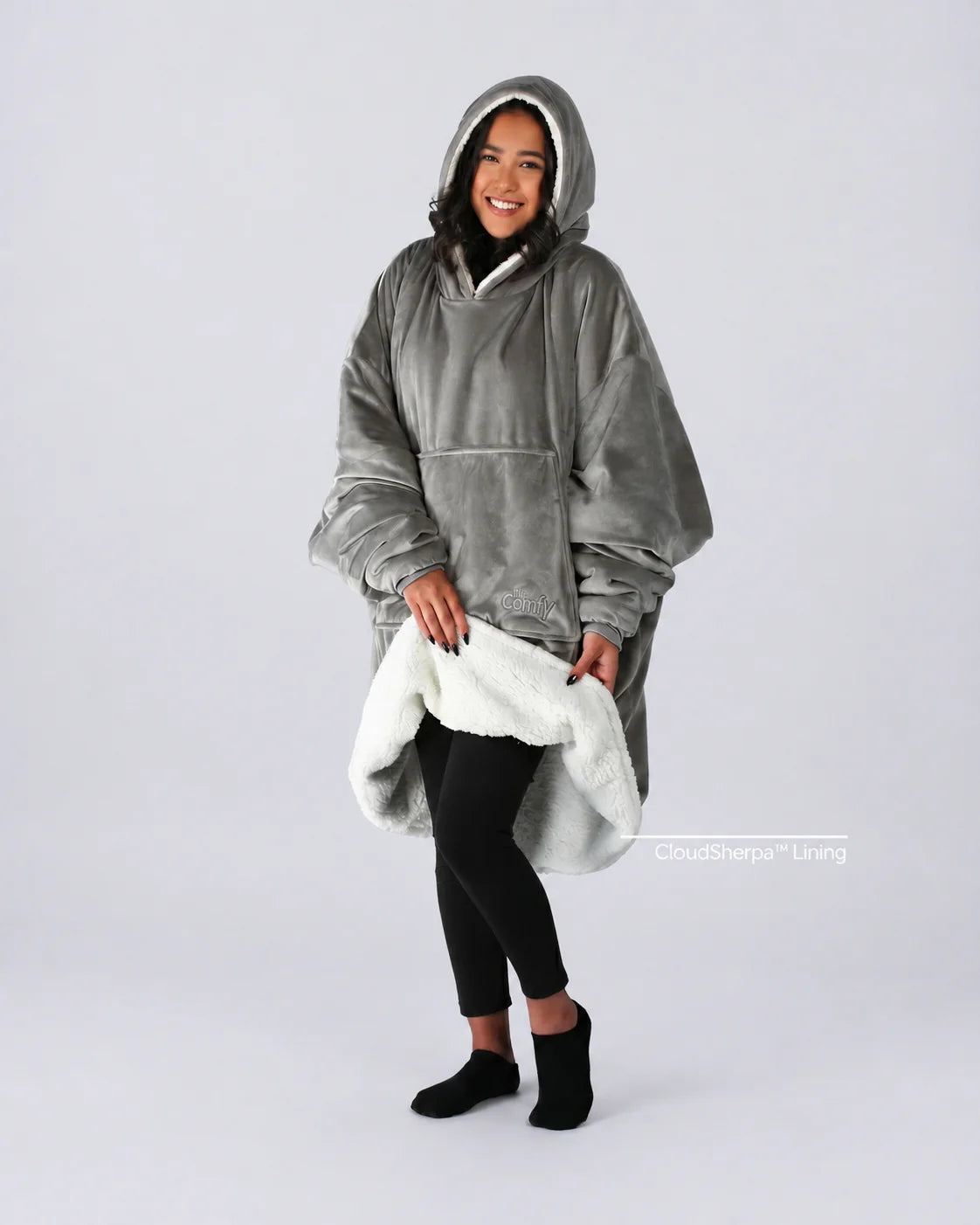 The Original wearable blanket in gray with CloudSherpa™ lining shown front view with full body coverage