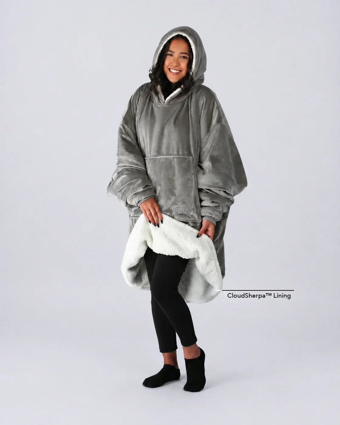 The Original wearable blanket in gray with CloudSherpa™ lining shown front view with full body coverage