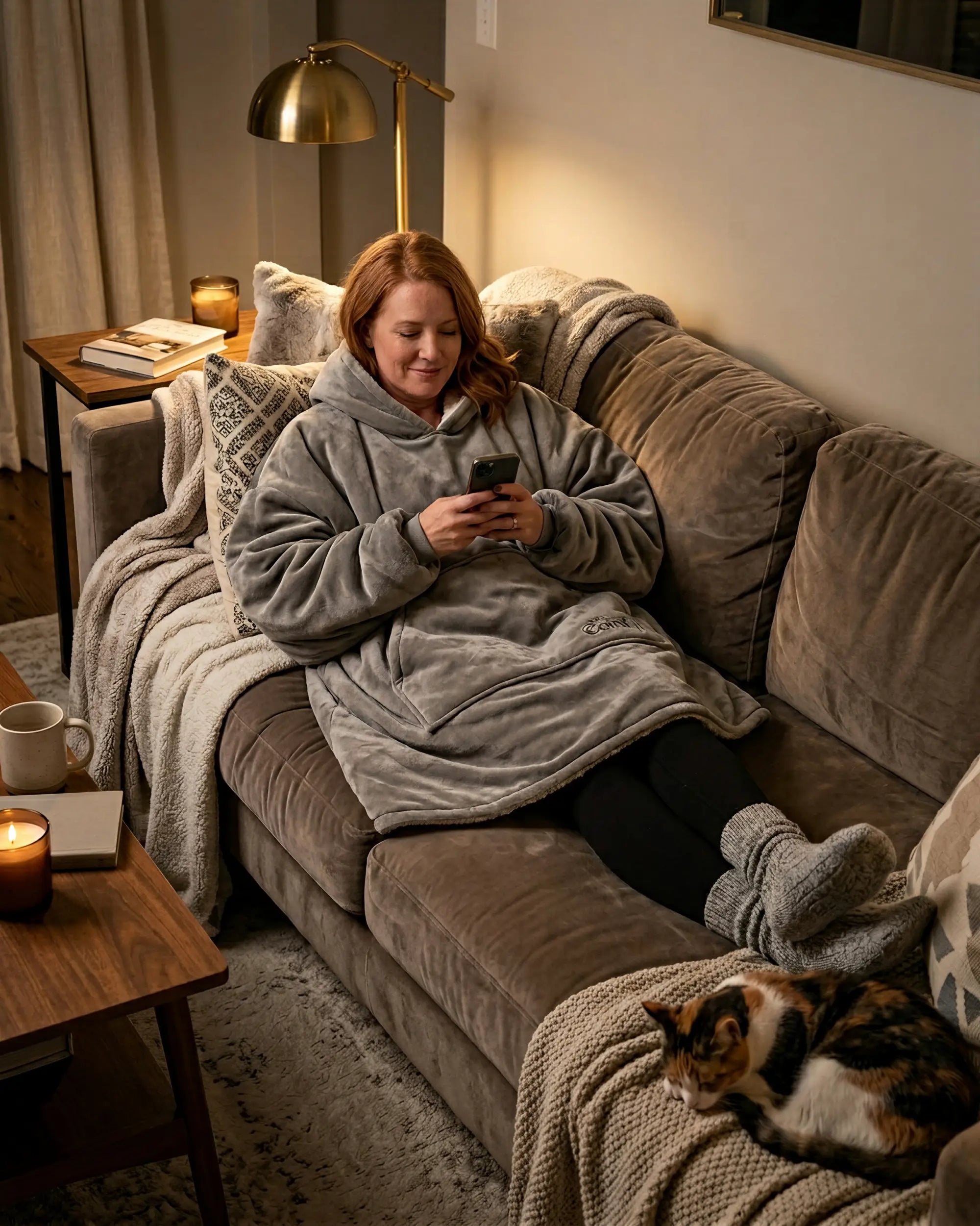 Woman wearing The Original wearable blanket in gray relaxing on a couch while using a phone with a cat nearby