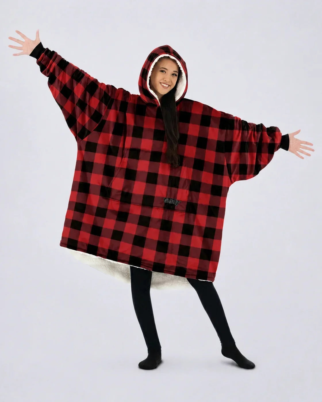 The Original wearable blanket in Red Plaid, shown full length with its oversized fit and plush CloudSherpa™ lining.