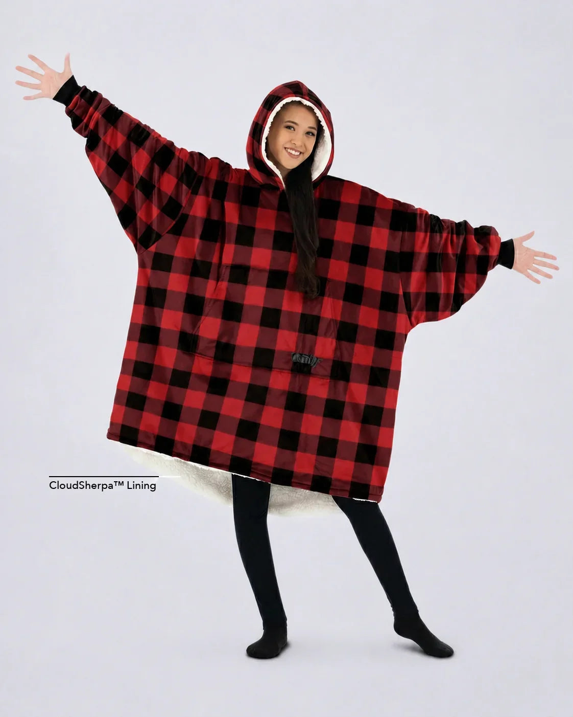 The Original wearable blanket in red plaid with CloudSherpa™ lining shown front view with full body coverage