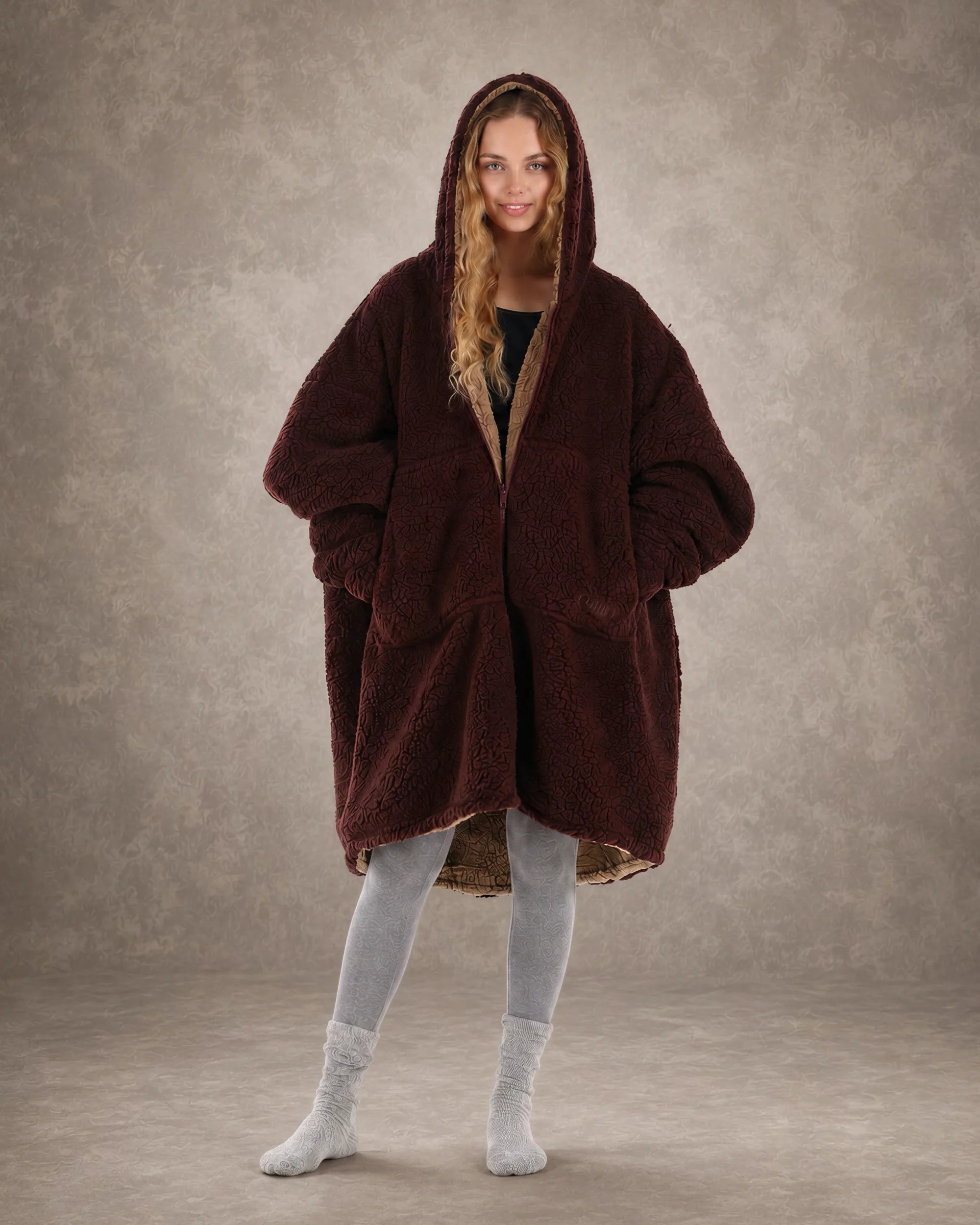 Front view of the Teddy Bear Full-Zip worn on the Chocolate side, featuring the oversized silhouette, hood, and cozy all-over CloudSherpa™ comfort.