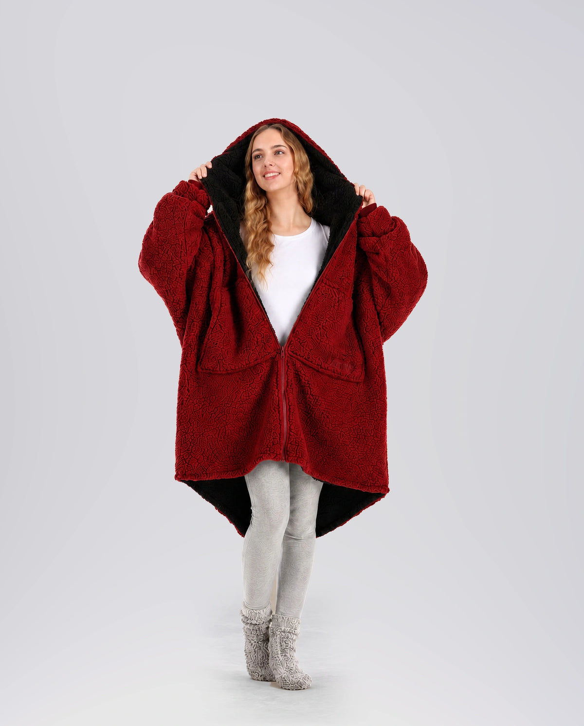 Front view of the Teddy Bear Full-Zip worn on the Crimson side, highlighting plush CloudSherpa™ comfort and the oversized wearable blanket silhouette.