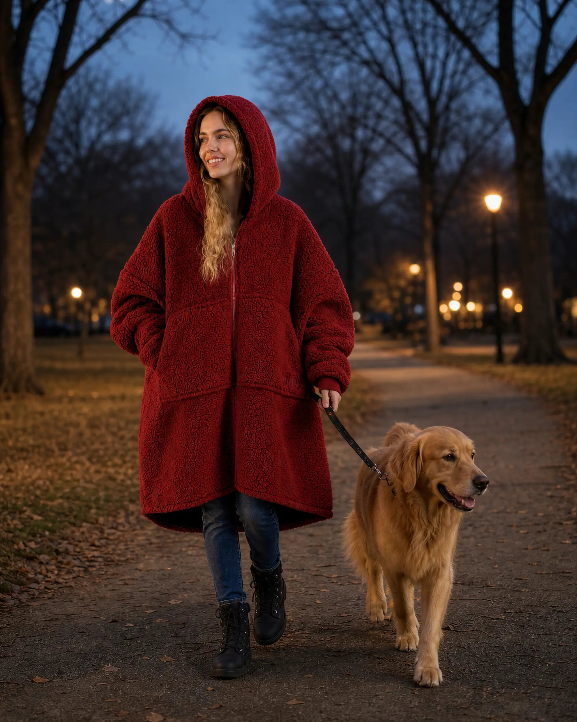 Woman wearing the Teddy Bear Full-Zip in Crimson while walking her dog outdoors, demonstrating warmth and comfort for chilly morning and evening walks.