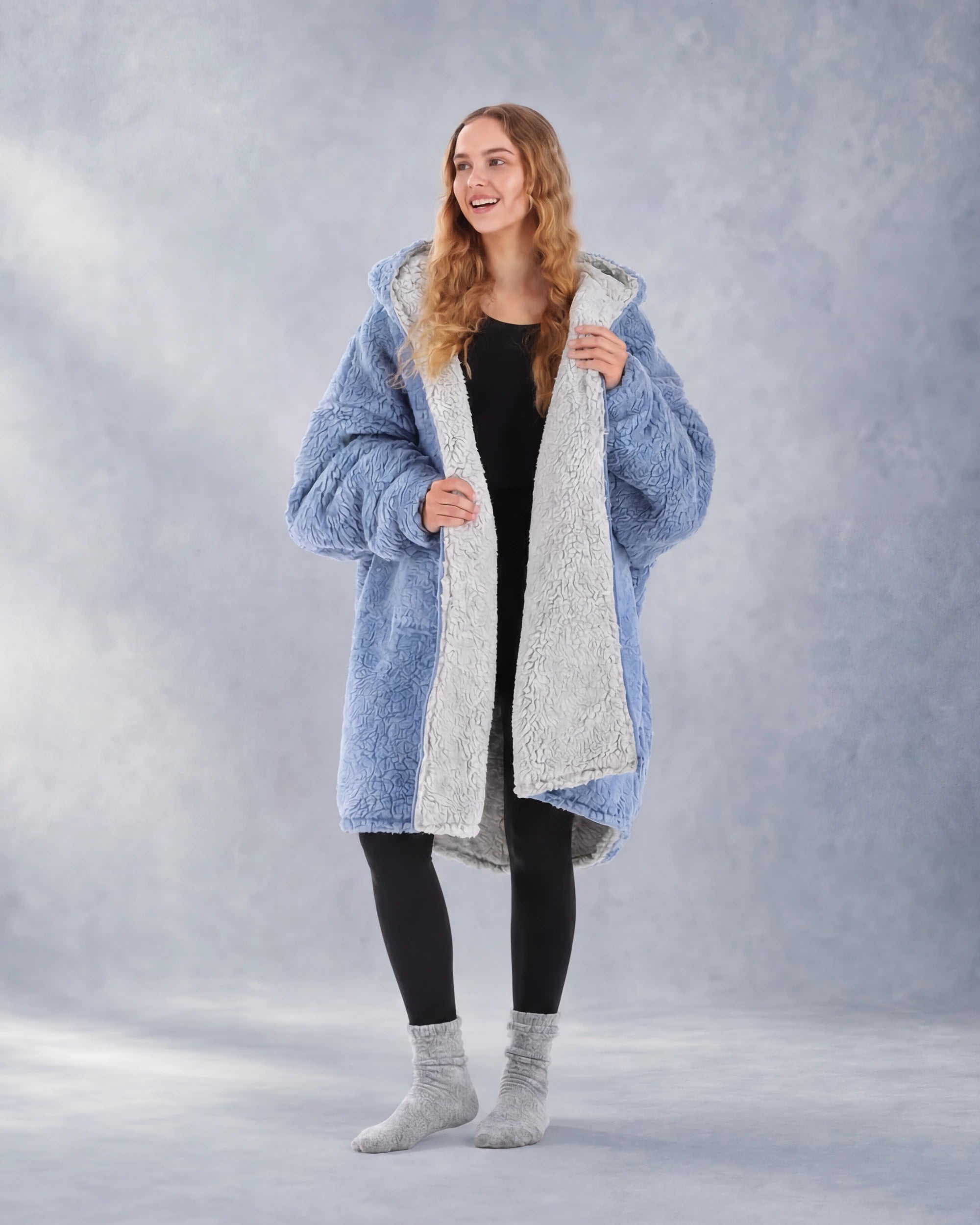 Front view of the Teddy Bear Full-Zip worn on the Denim side, highlighting the oversized fit, reversible styling, and all-over CloudSherpa™ softness.