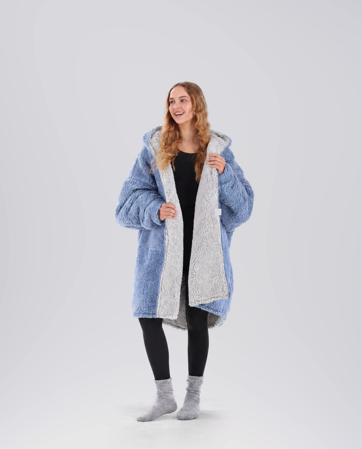 Front view of the Teddy Bear Full-Zip worn on the Denim side, highlighting the oversized fit, reversible styling, and all-over CloudSherpa™ softness.