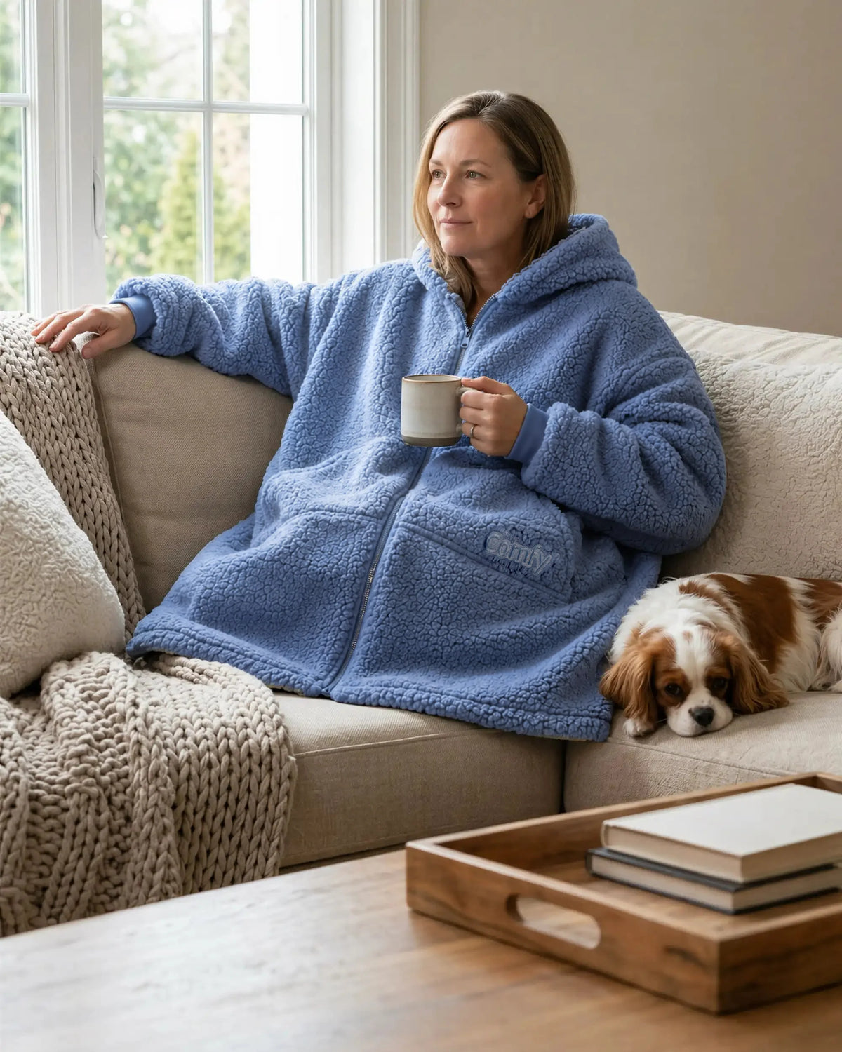 Woman relaxing on a couch in the Teddy Bear Full-Zip worn on the Denim side, showcasing everyday comfort, warmth, and lounging versatility.