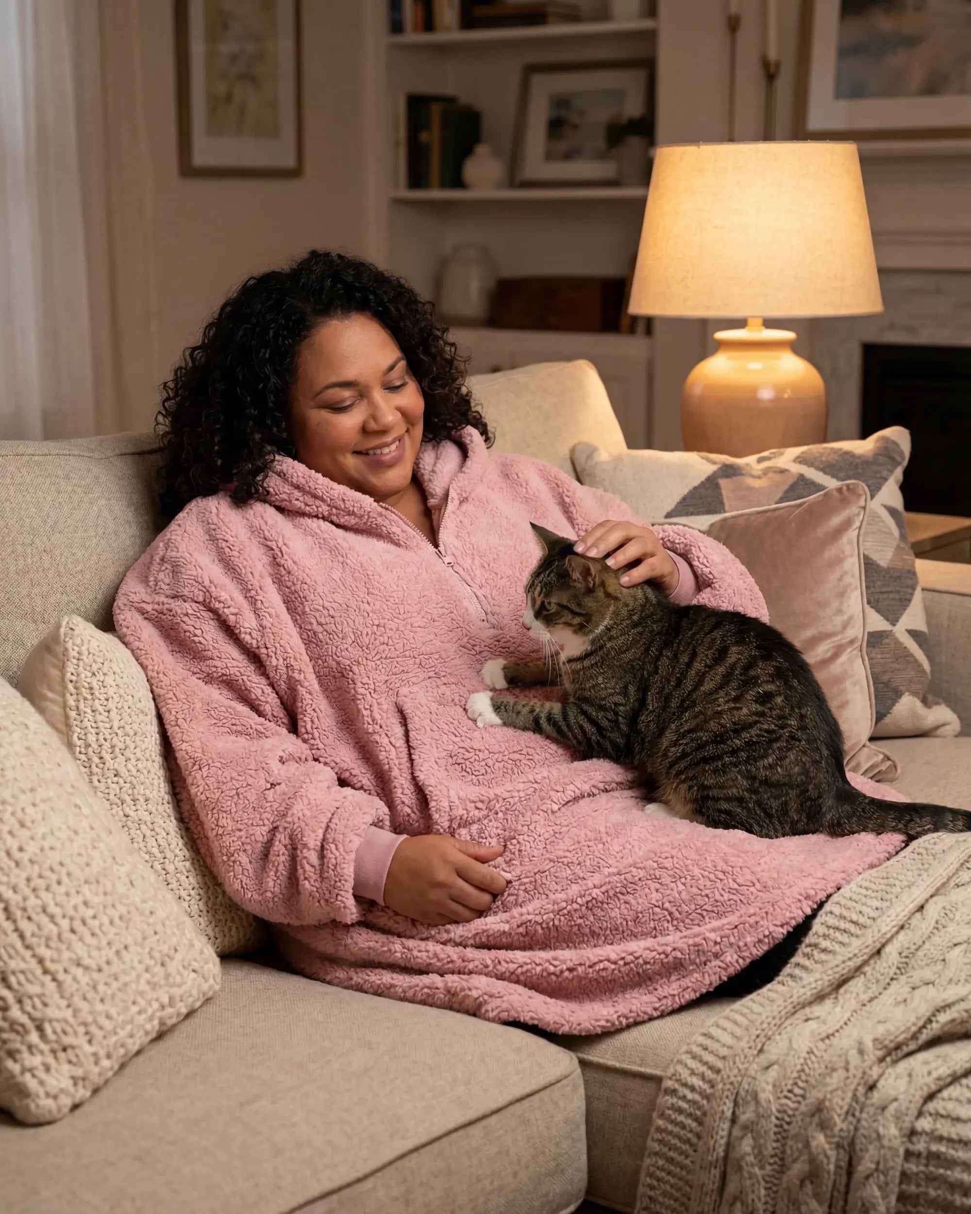 Lifestyle view of The Teddy Bear Quarter-Zip wearable blanket in blush worn lounging on a couch with a cat, showing cozy at-home use