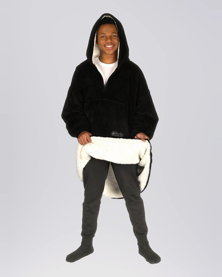 The Original Quarter-Zip wearable blanket in Black, front view showing CloudSherpa™ lining.