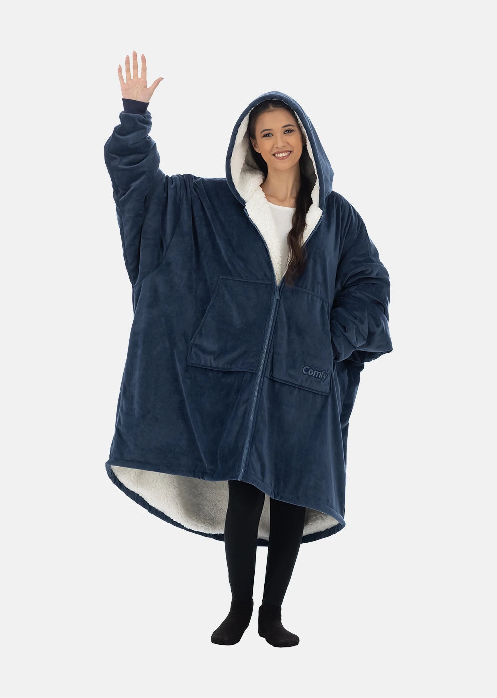 Woman waving wearing The Comfy Original Full Zip
