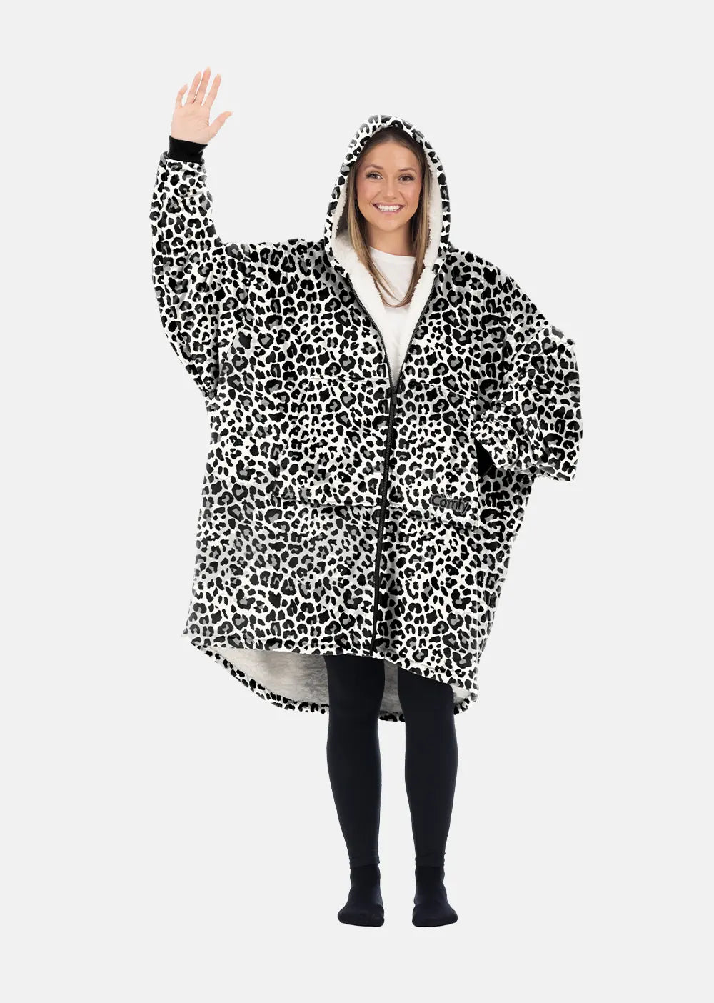 Woman waving wearing The Comfy Original Full Zip