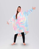 Child wearing The Dream Jr. in Cotton Candy Tie Dye, showing the kid-sized oversized silhouette and hood.