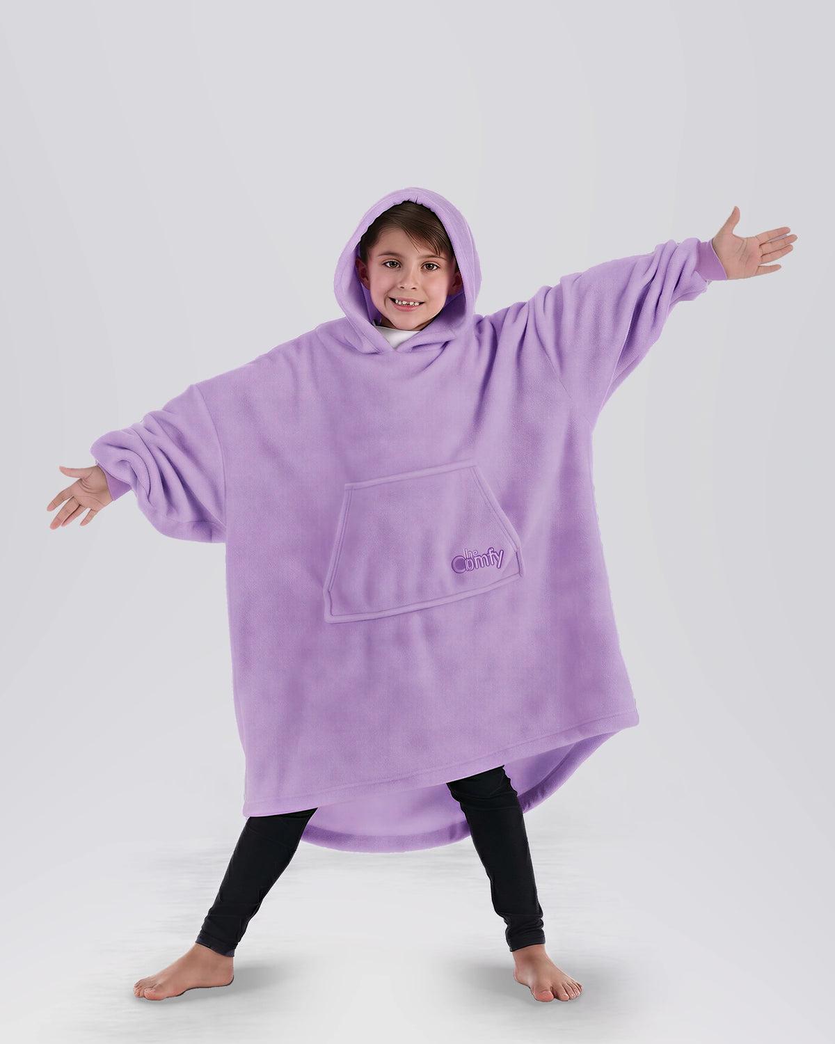 Child wearing The Dream Jr. in Heather Purple, showing the kid-sized oversized silhouette and hood.