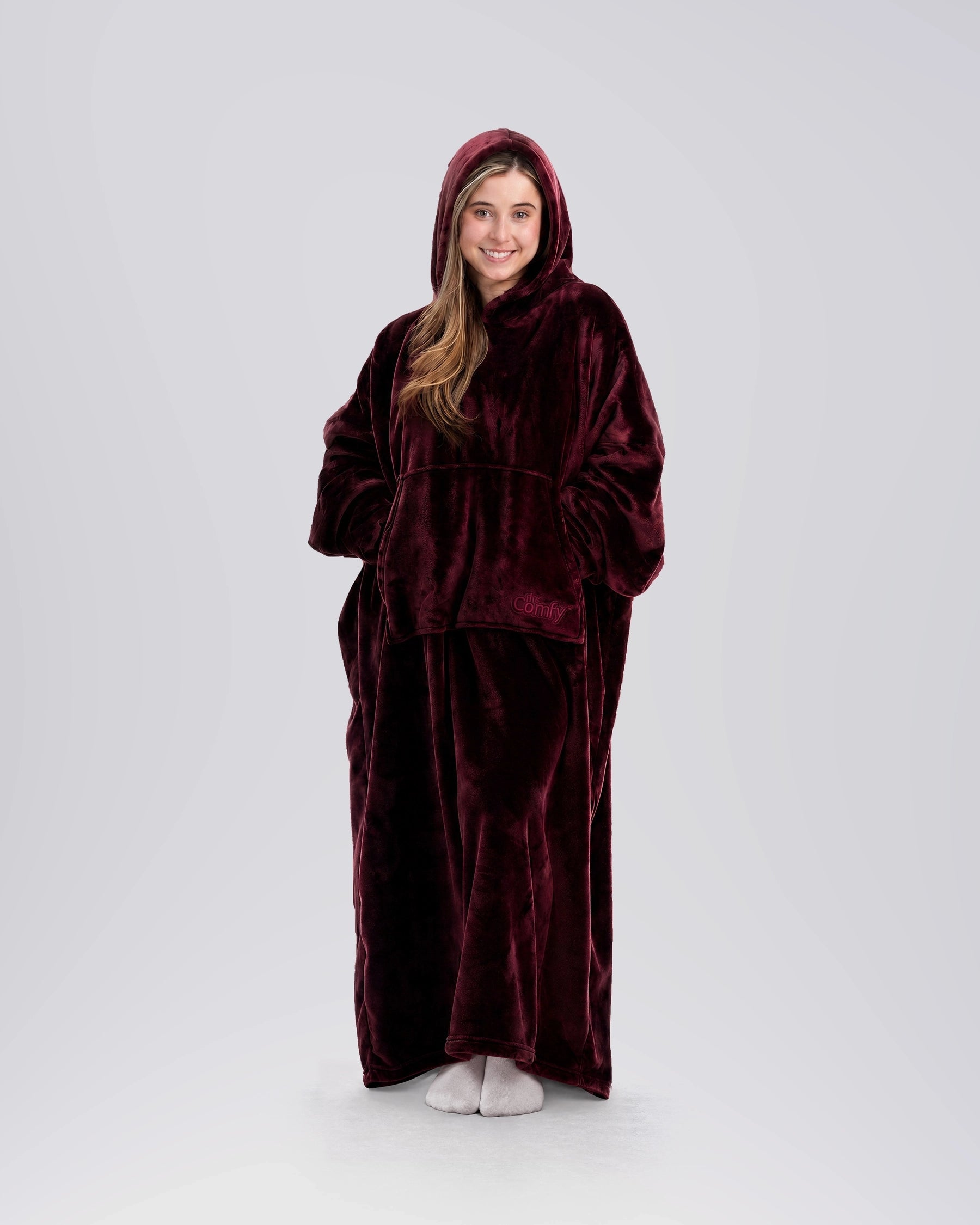 Woman modeling The Dream Long in Burgundy with white knit socks, showing the full-length silhouette and relaxed drape.