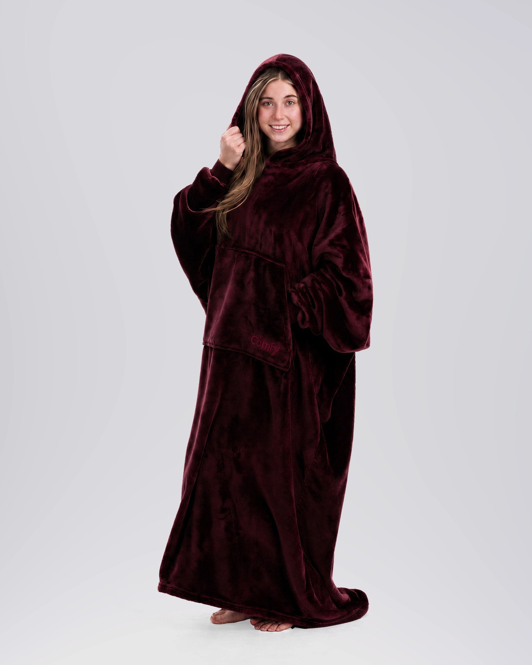 Front view of The Dream Long in Burgundy showing its floor-length coverage, oversized sleeves, and kangaroo pocket.