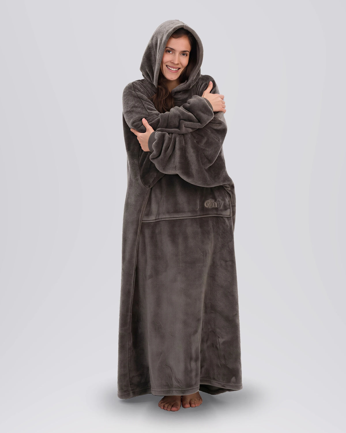 Front view of The Dream Long in Dark Gray showing its floor-length coverage, oversized sleeves, and kangaroo pocket.