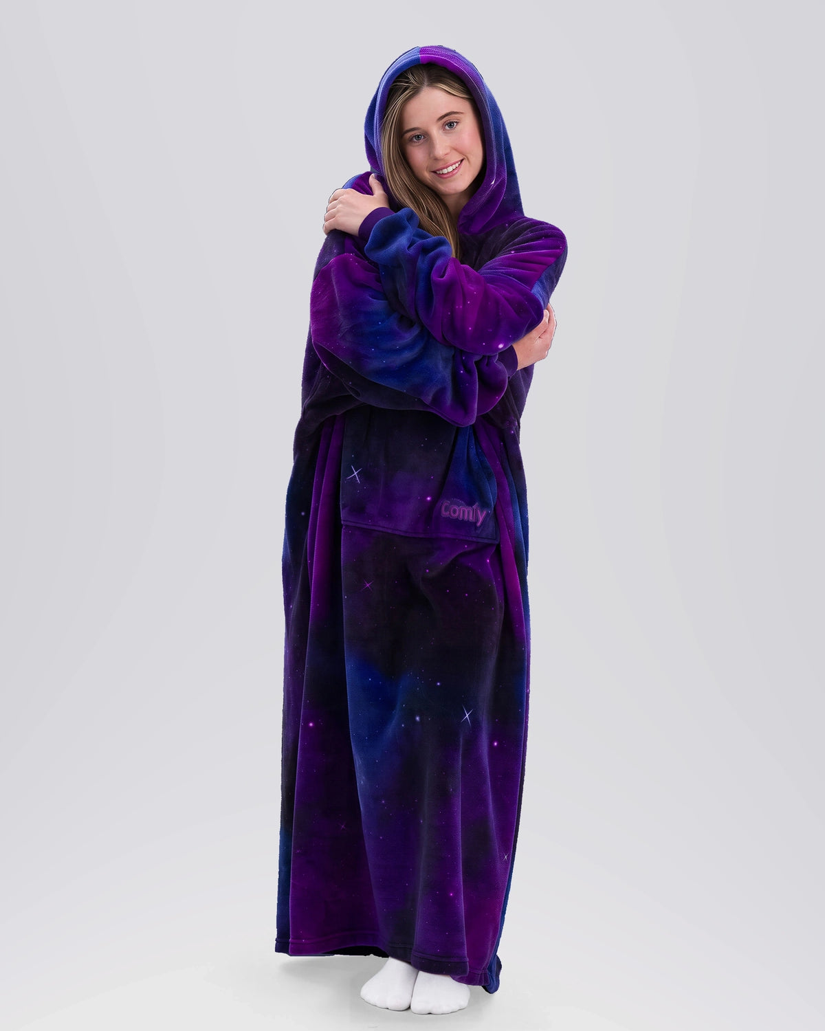 Front view of The Dream Long in Galaxy showing its floor-length coverage, oversized sleeves, and kangaroo pocket.
