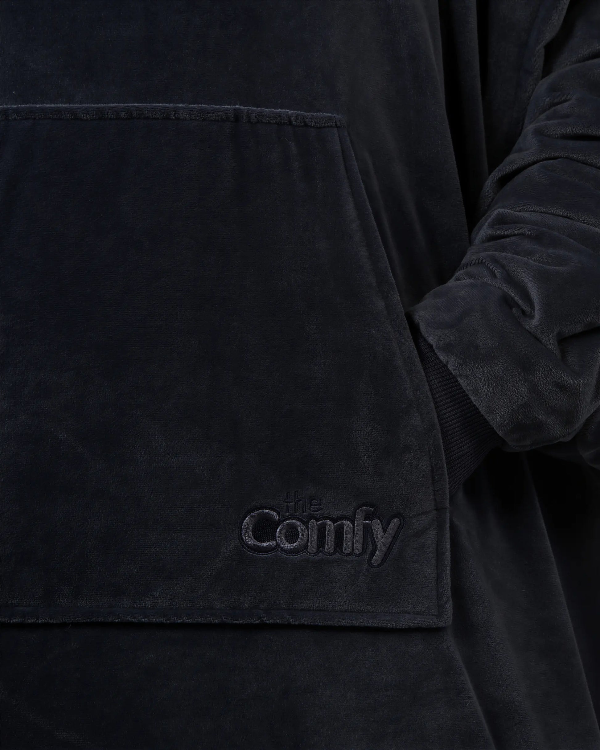 Detailed view of The Dream wearable blanket’s kangaroo pocket and premium microfiber construction, showcasing the soft texture and clean design details.