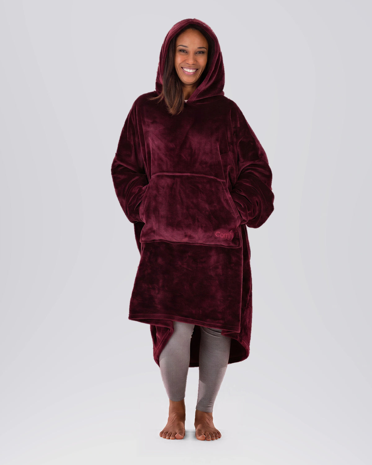 Model wearing The Dream in Burgundy, front view.
