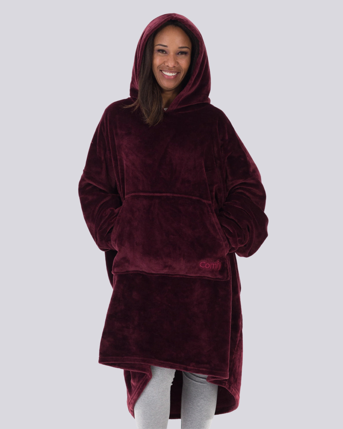 Model wearing The Dream in Burgundy, front view.