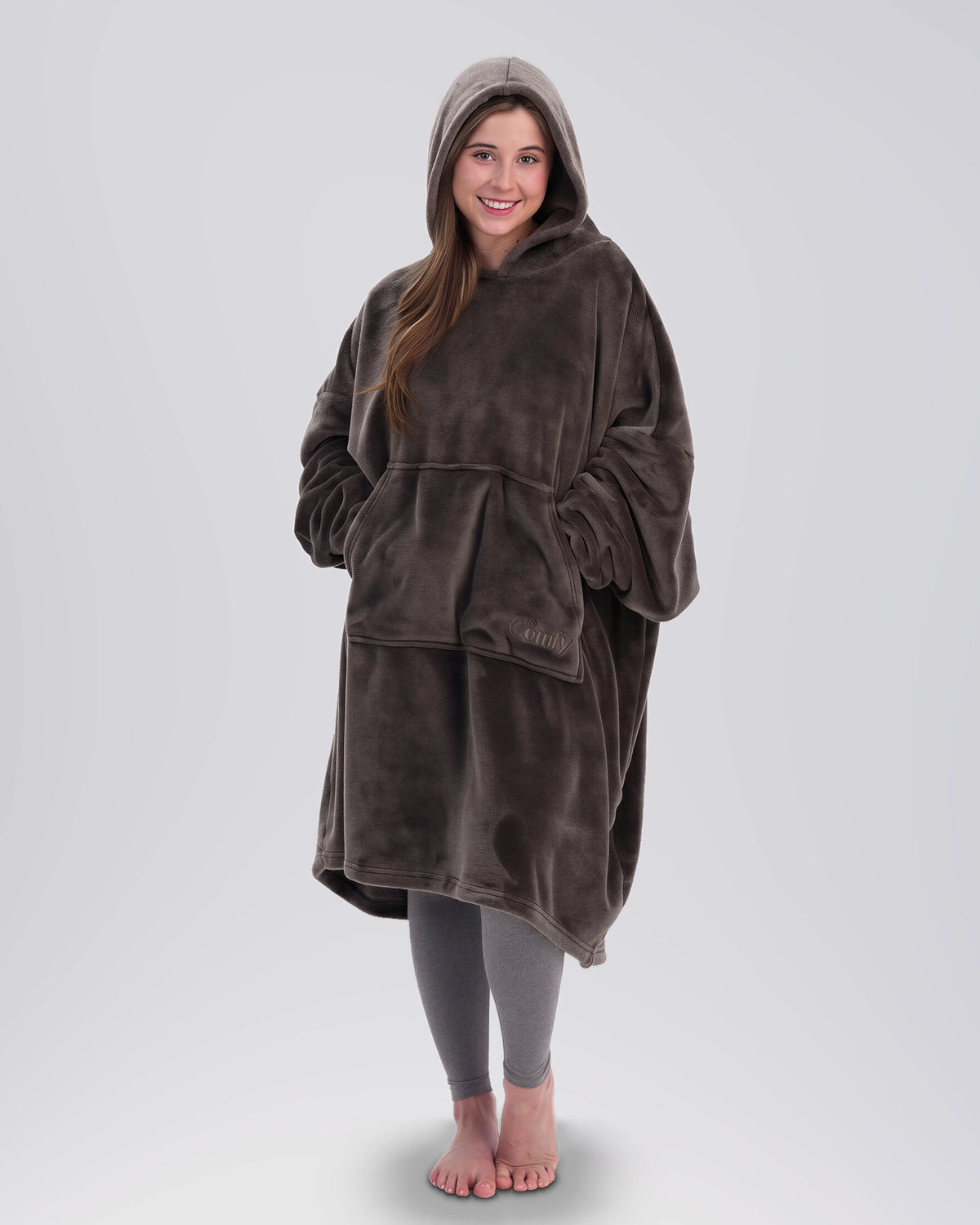 Model wearing The Dream in Dark Gray, front view.