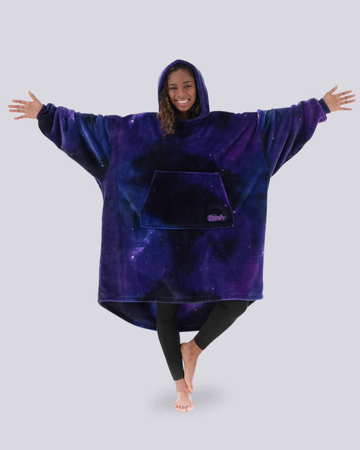Model wearing The Dream in Galaxy, showing its oversized silhouette, hood, and DreamHaven™ single-layer softness.