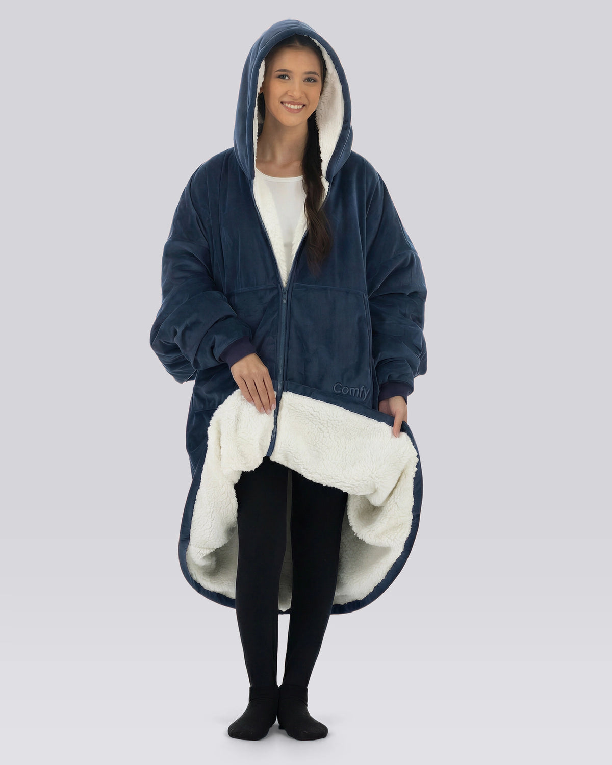 Model wearing The Original Full-Zip in Blue, showing the CloudSherpa™ lining.