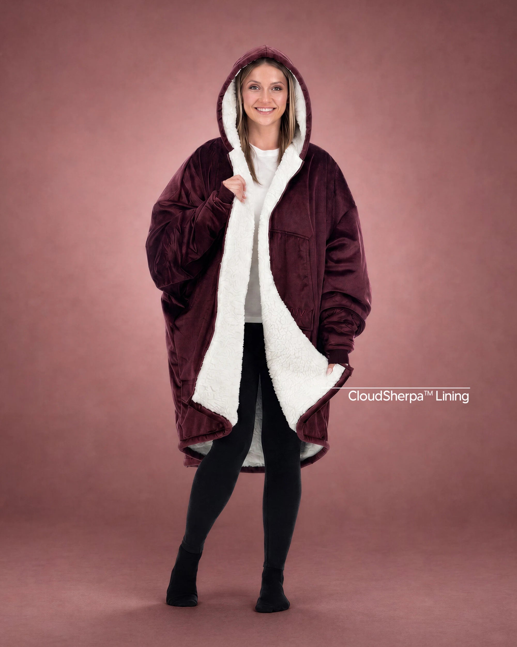 Front view of The Original Full-Zip wearable blanket in charcoal shown open with CloudSherpa™ lining and full-length zipper