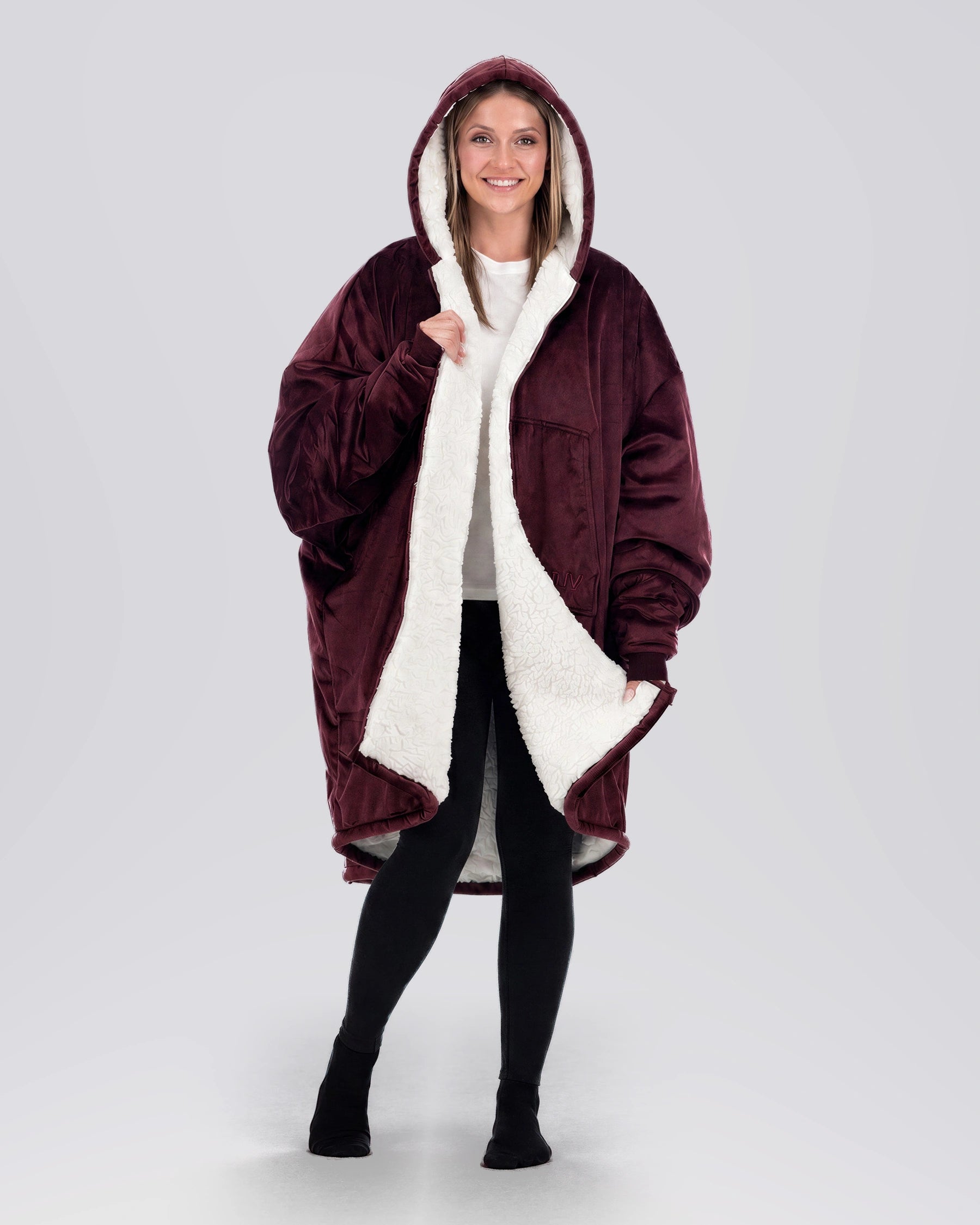The Original Full-Zip wearable blanket in Burgundy, shown open with CloudSherpa™ lining and a full-length zipper.
