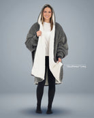 Front view of The Original Full-Zip wearable blanket in charcoal shown open with CloudSherpa™ lining and full-length zipper