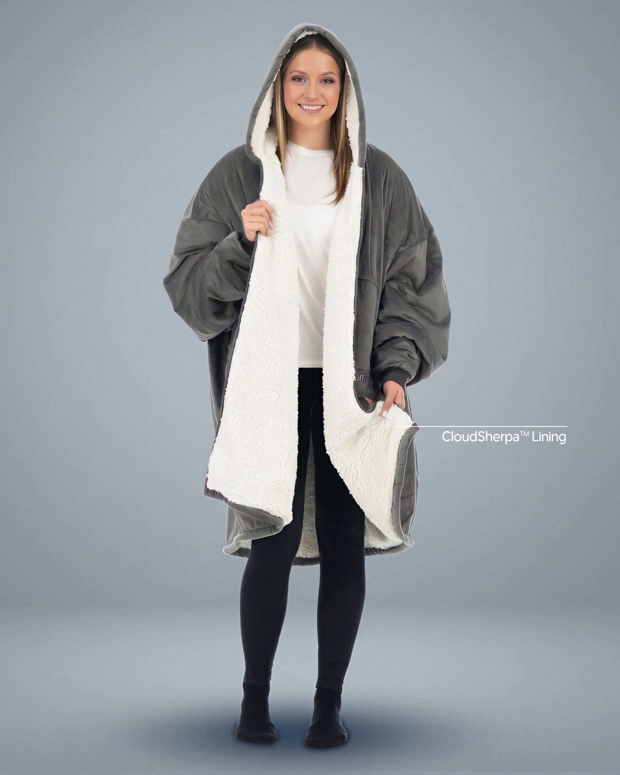 Front view of The Original Full-Zip wearable blanket in charcoal shown open with CloudSherpa™ lining and full-length zipper