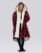 Model wearing The Original Full-Zip in Red Plaid, full-length hero view.