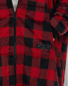Close-up of The Original Full-Zip in Red Plaid showing its fabric and embroidered logo.