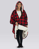 Model wearing The Original Full-Zip in Red Plaid, showing the CloudSherpa™ lining.